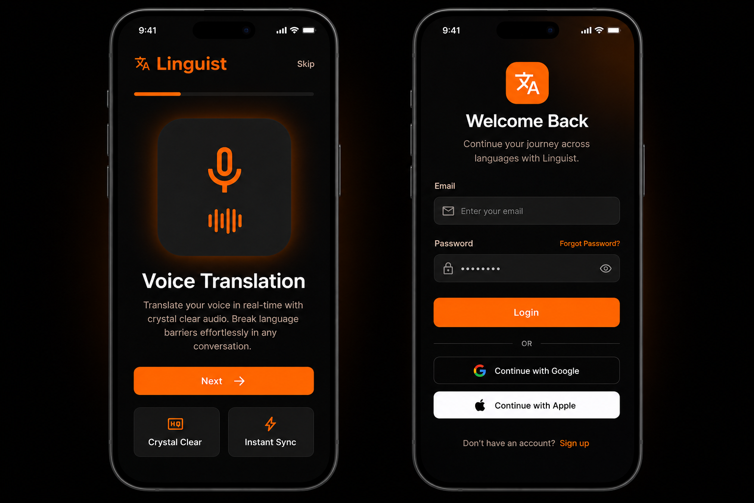 Screens from the Linguist language translator mobile app, showing voice translation and login screens